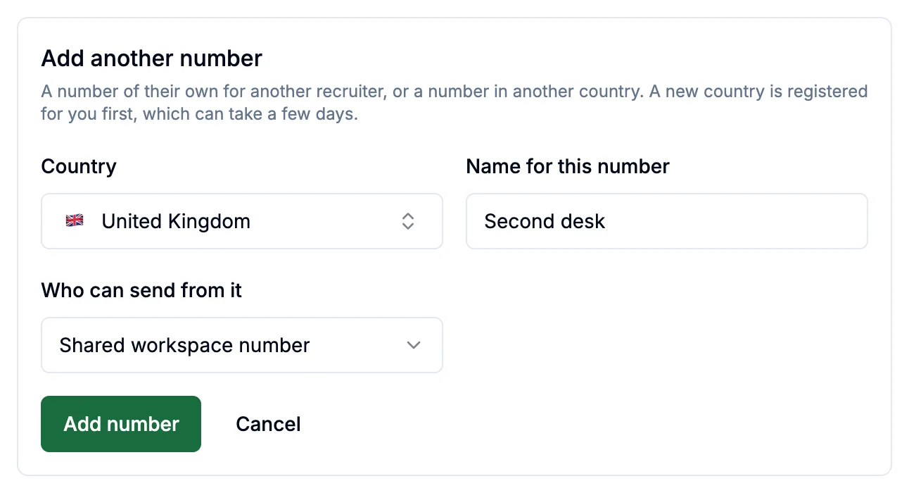 The Add another number form in SMS settings