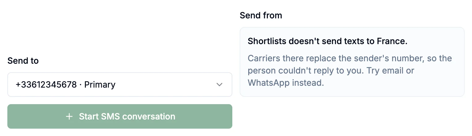 The SMS panel explaining that Shortlists doesn't send texts to France