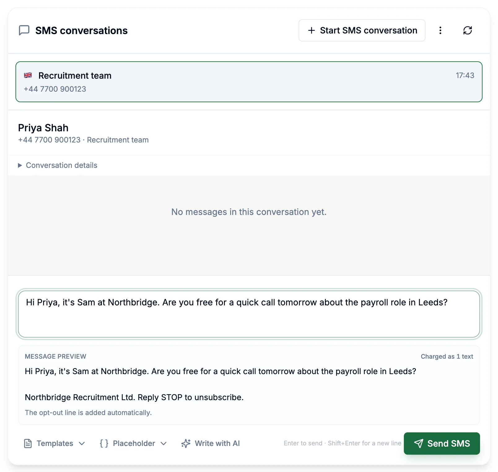 Writing a text to a candidate, with the message preview and opt-out line