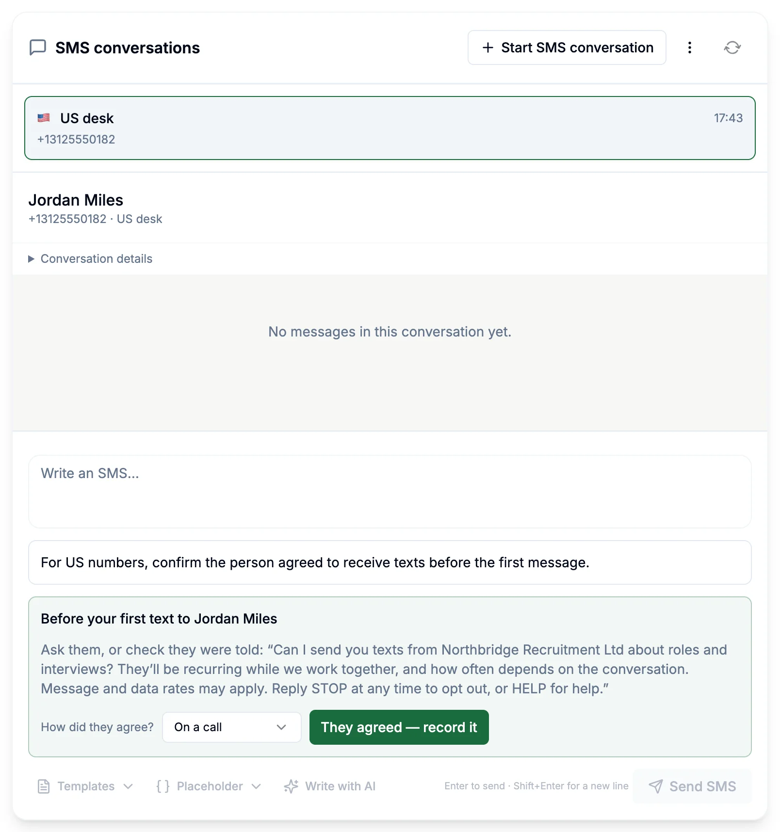The prompt to record a US candidate's agreement before the first text