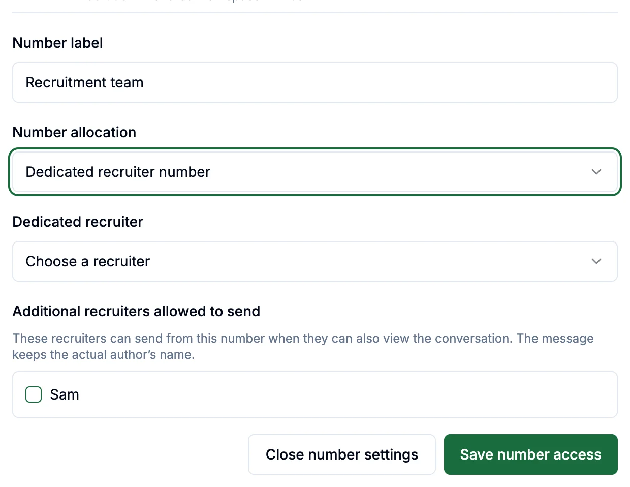 Number access settings for a dedicated recruiter number