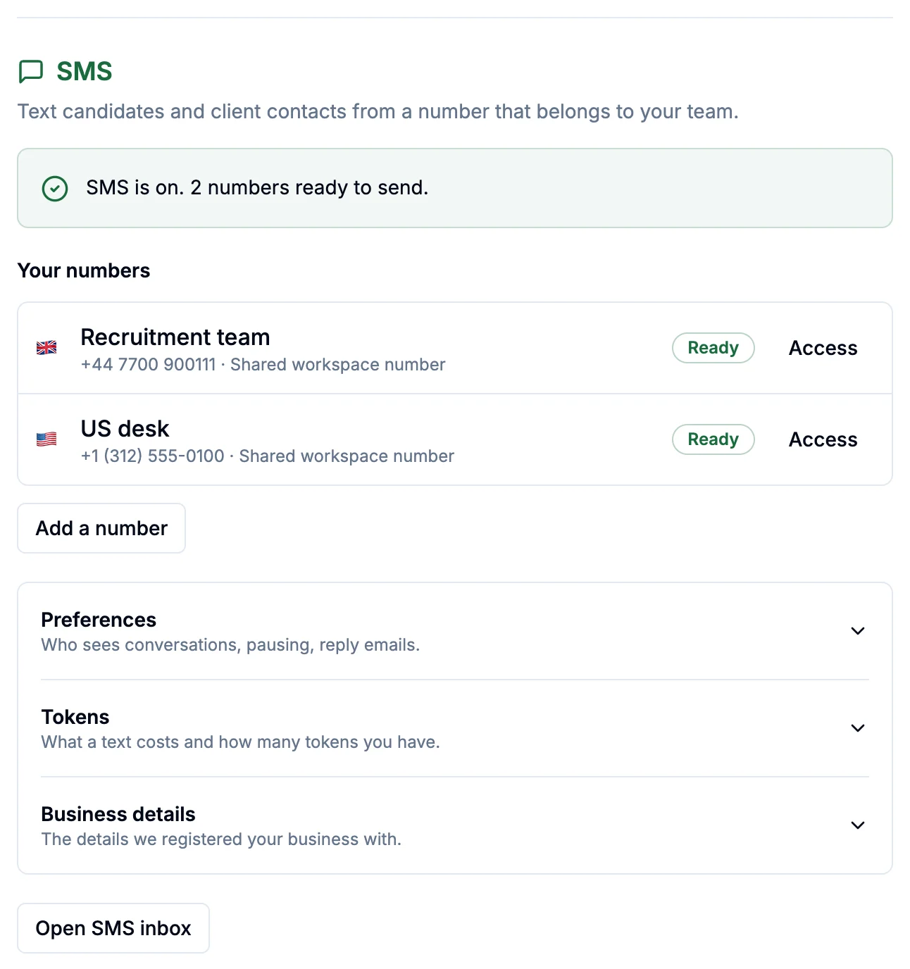 SMS settings when SMS is on, listing a UK and a US number with their status