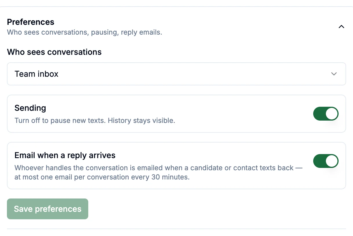 SMS preferences: who sees conversations, sending, and reply emails