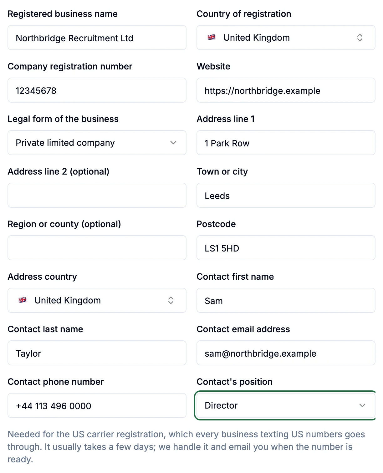 The business details part of the SMS setup form, filled in for an example agency