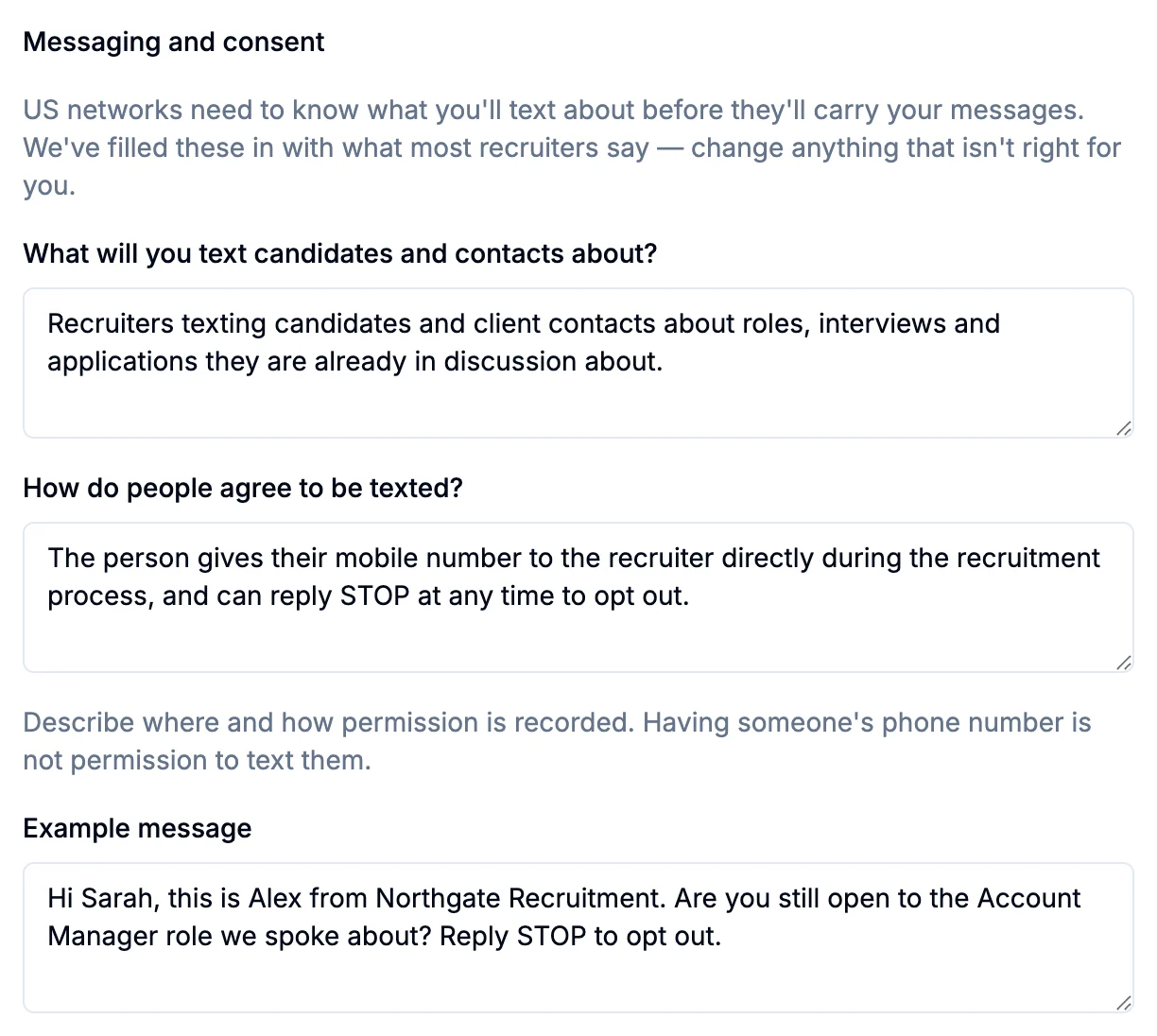 The Messaging and consent section of the setup form, which appears for US numbers