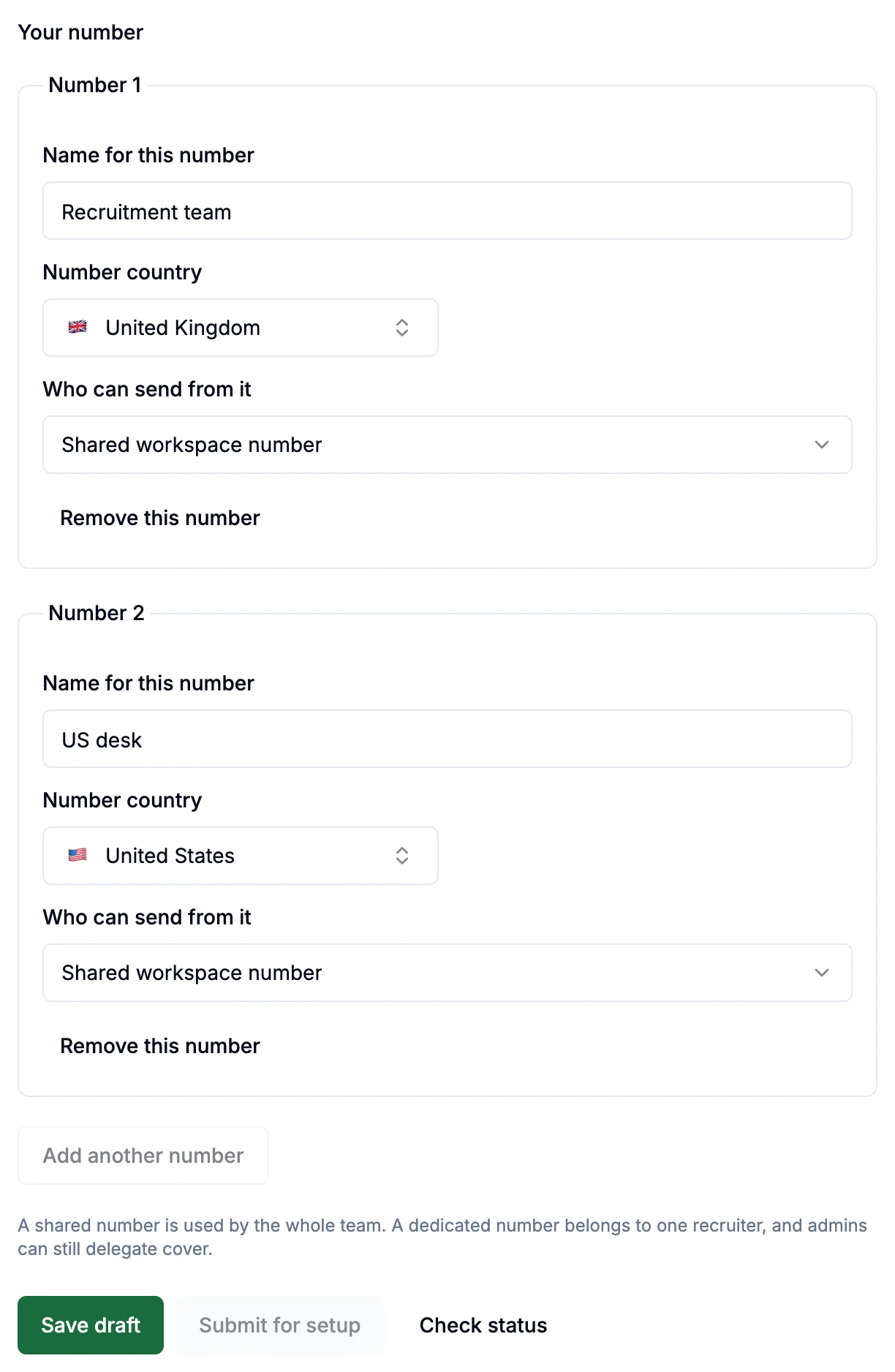 The Your number section of the setup form with a UK and a US number