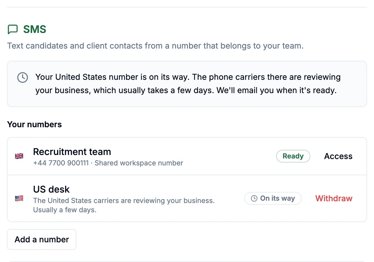 SMS settings with a UK number ready and a US number on its way