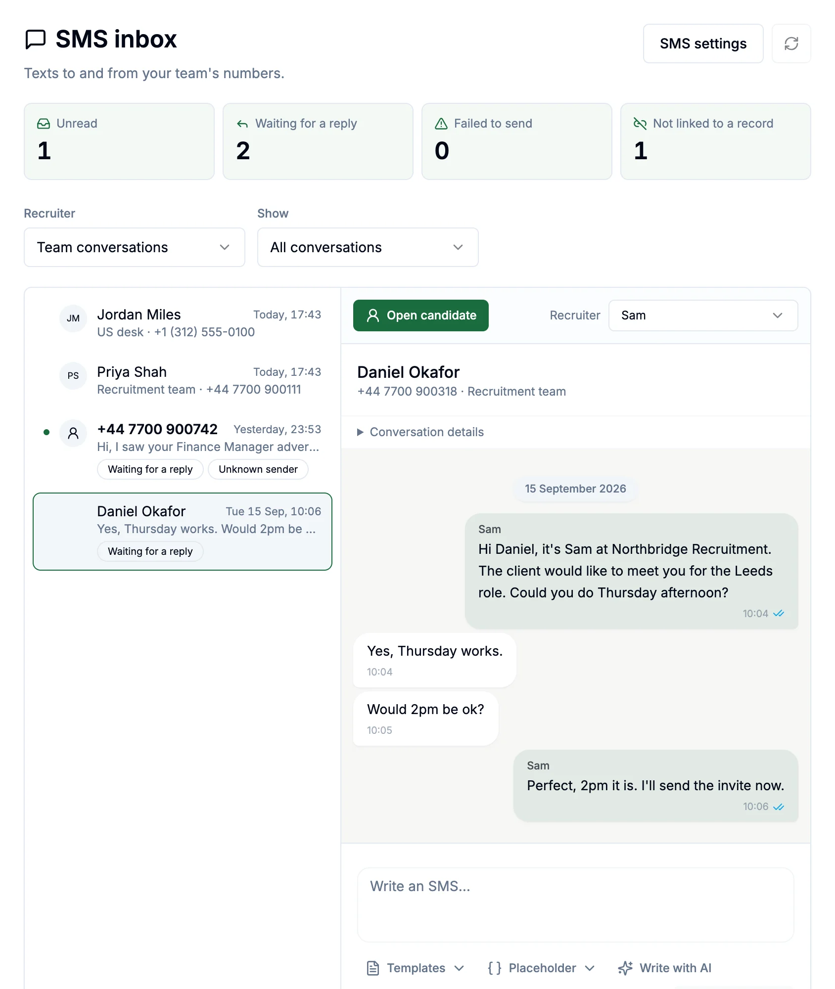The SMS inbox in Shortlists, showing a two-way conversation with a candidate
